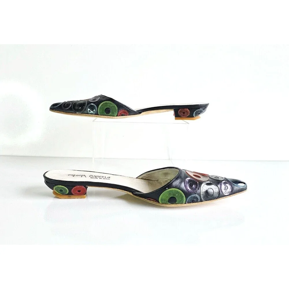 PALOMA BARCELO Leather Pointed Toe Mules Multicolor Circle Accents Sz 41 10.5 - Picture 4 of 11